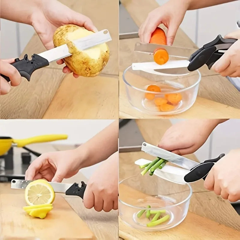 A One Mall® 2 in 1 Salad Chopper Vegetable Cutter with Built-in Cutting Board Food Cutter Kitchen Scissors Cut Vegetables Cut Fruits