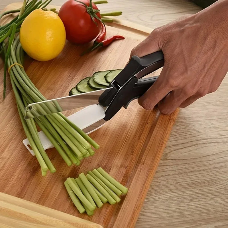 A One Mall® 2 in 1 Salad Chopper Vegetable Cutter with Built-in Cutting Board Food Cutter Kitchen Scissors Cut Vegetables Cut Fruits